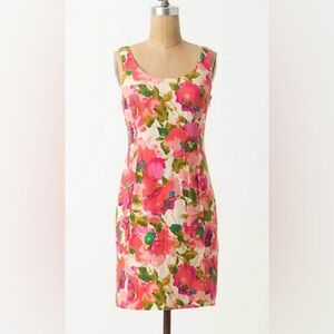 ANTHROPOLOGIE Postmark Watercolor Floral Shift Dress Linen Cotton‎ Size 4
